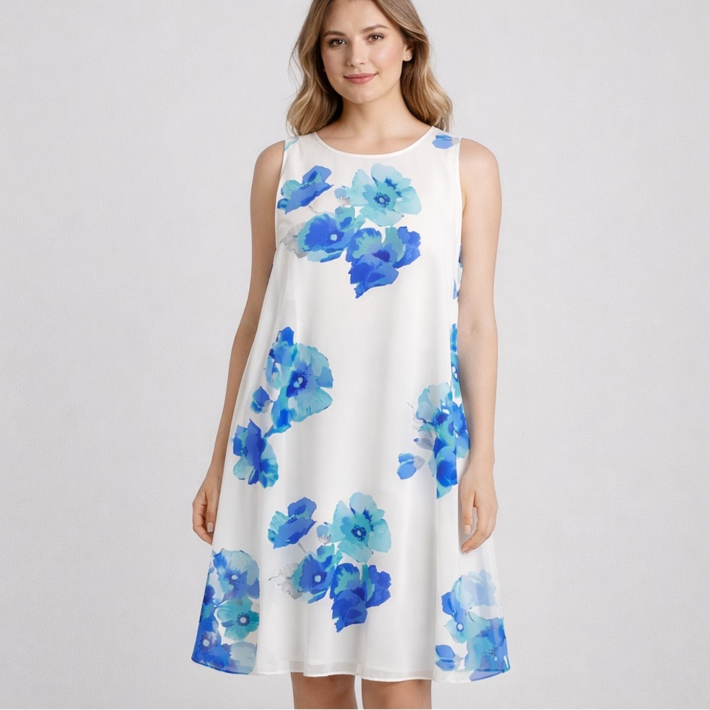 JH Blue Floral Sleeveless A-Line Dress White Aqua Blue Size 16W